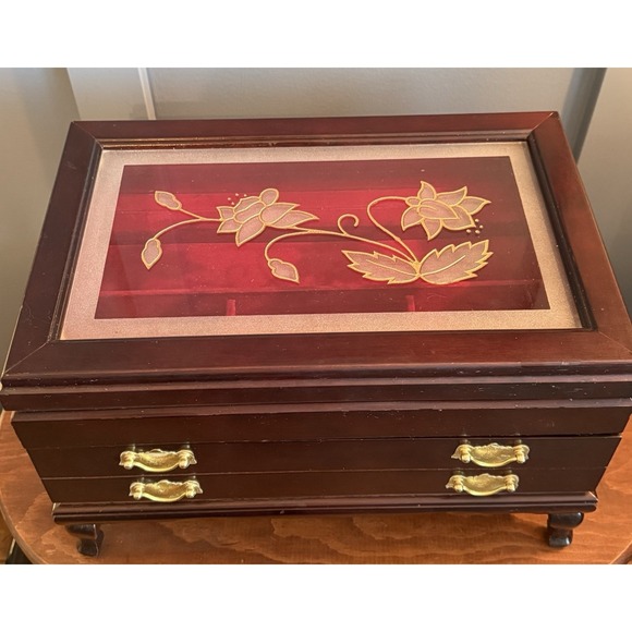 Commodore Collection By Rosalco Other - Rosalco Commodore Jewelry Box Chest Wood Etched Floral Glass Top Velvet‎ Vintage